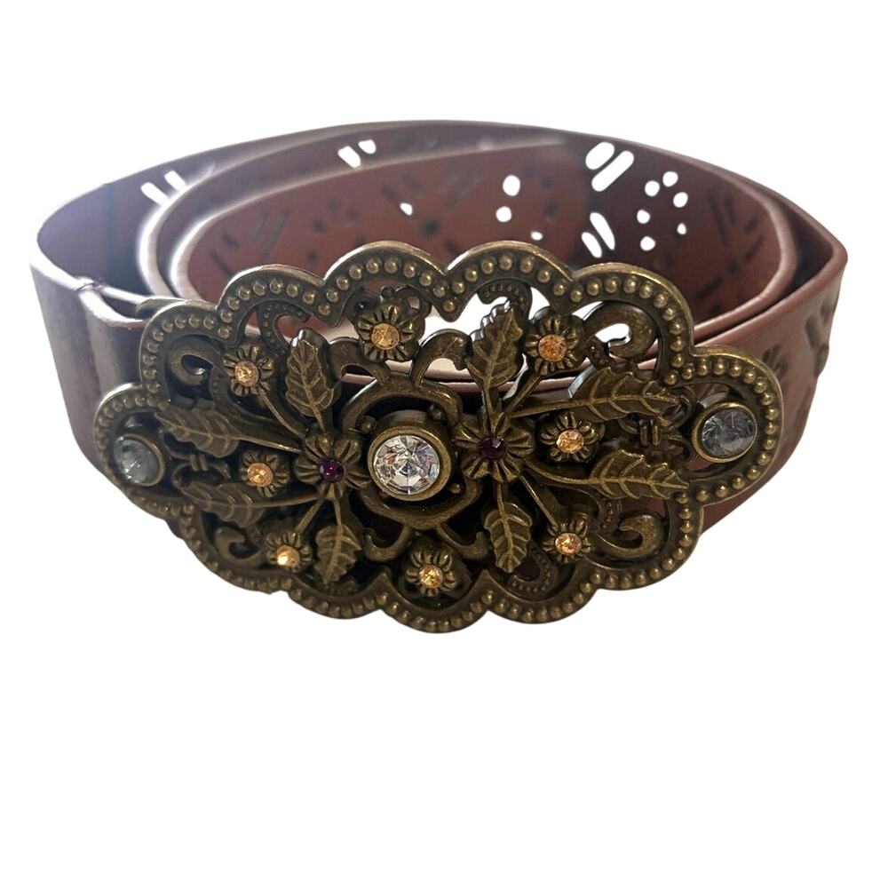 Bohemian Rhinestone buckled leather belt brown size 13 women’s Gypsy adjustable